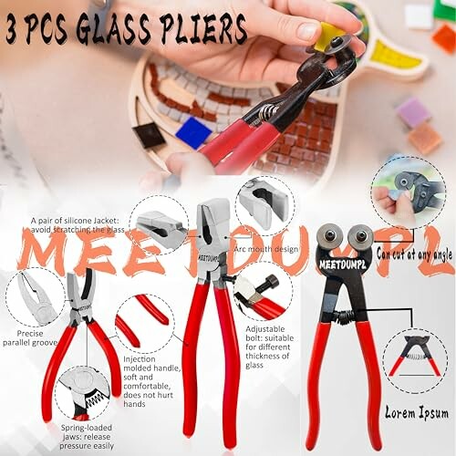 Set of 3 glass pliers with detailed features and uses.