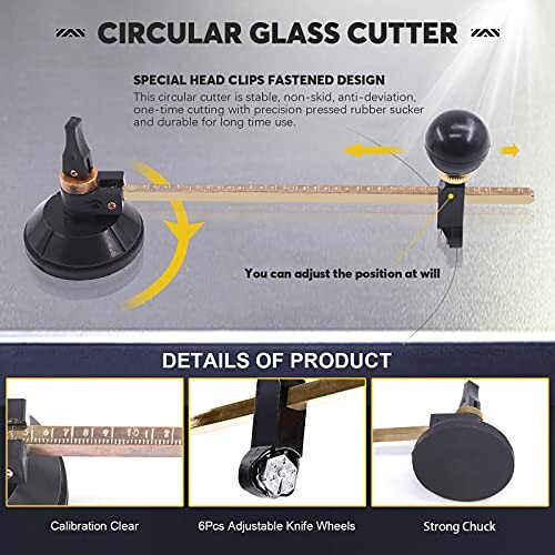 Circular glass cutter with adjustable head and details of product features.
