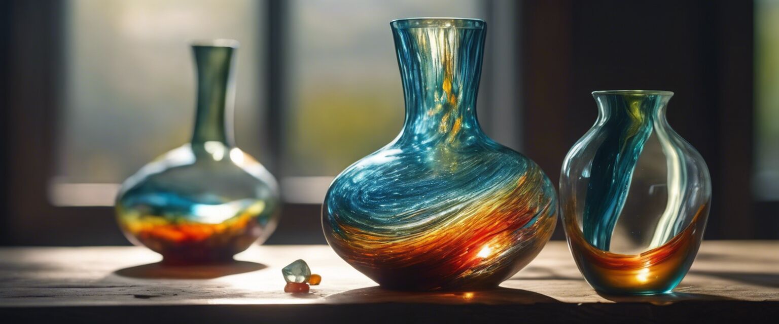 Handmade glass art projects displayed creatively