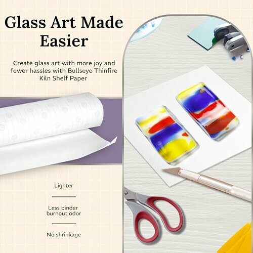 Glass art supplies with colorful designs and tools.