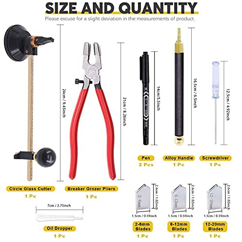Glass cutting tools set with size and quantity details.