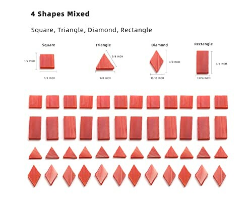 Assortment of red mosaic tiles in square, triangle, diamond, and rectangle shapes.